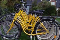 [#699h] gula cyklar, gul cykel, svart stänkskydd, ekrar, cykelställ